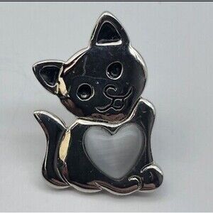 Lia Sophia Cat Pin Kitten Heart Moon Glow Cabochon Signed Lapel Pin tie tack Vtg